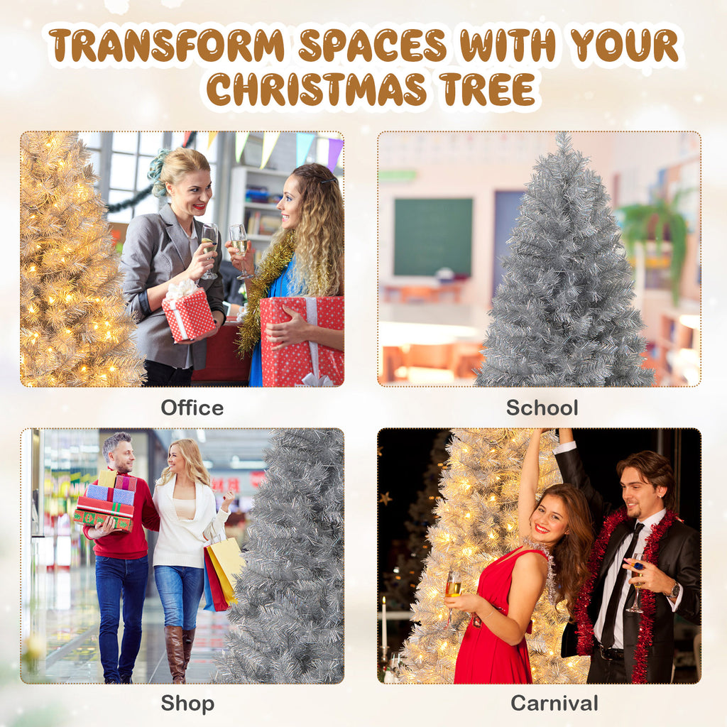 6 Ft Pre-Lit Artificial Christmas Tree with Silver Tinsel Leaves & LED Lights - Costway