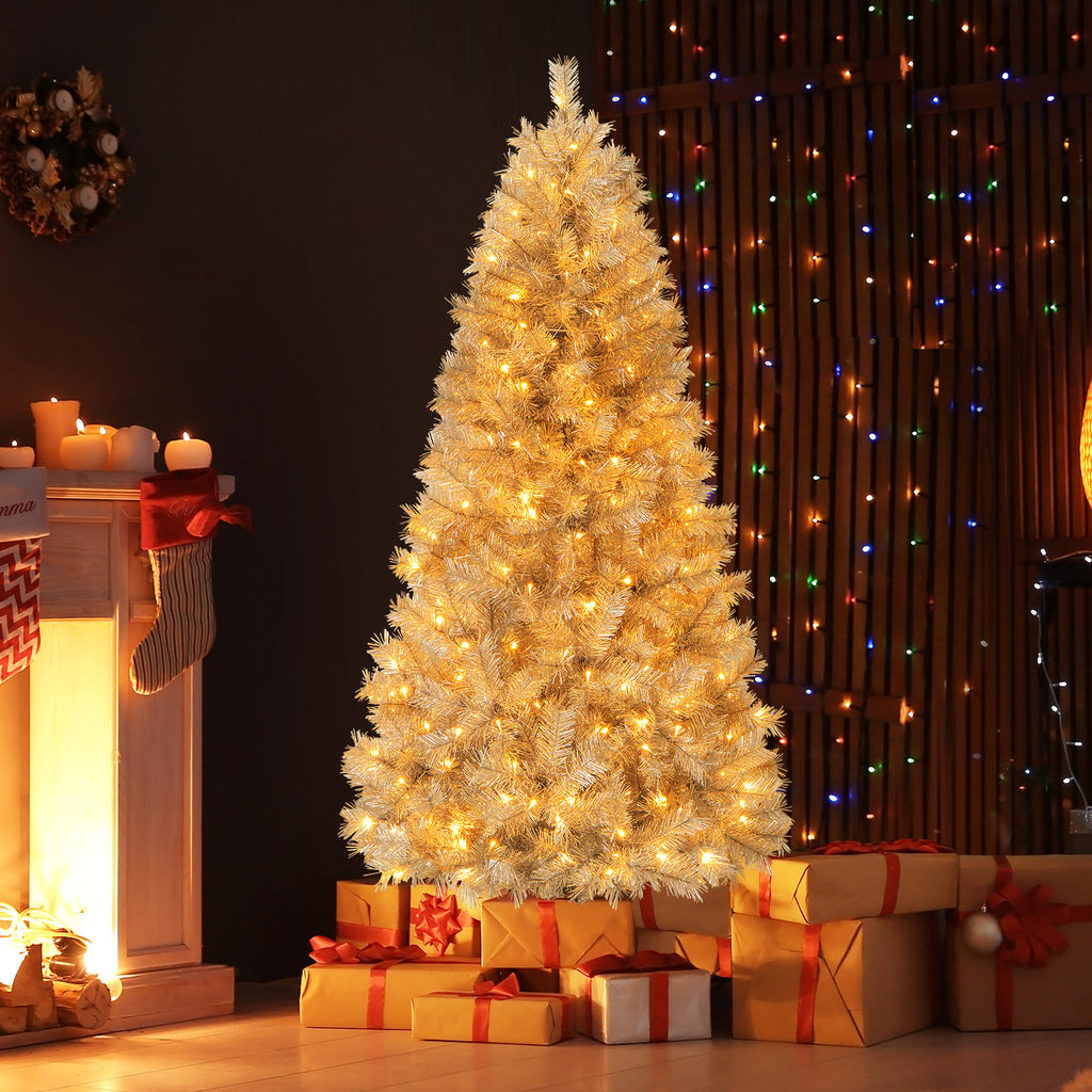 6 Ft Pre-Lit Artificial Christmas Tree with Silver Tinsel Leaves & LED Lights - Costway
