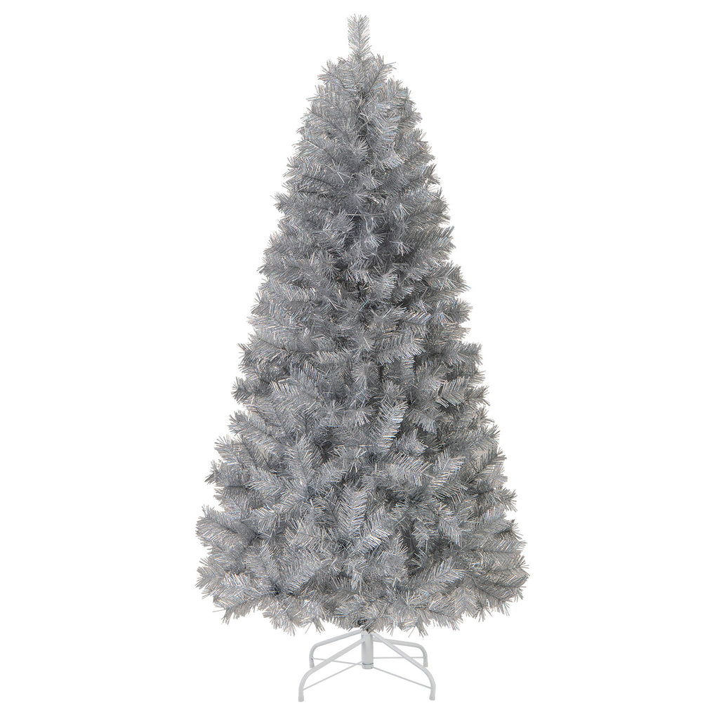 6 Ft Pre-Lit Artificial Christmas Tree with Silver Tinsel Leaves & LED Lights - Costway