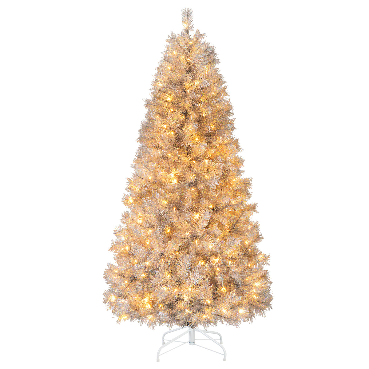 6 Ft Pre-Lit Artificial Christmas Tree with Silver Tinsel Leaves & LED Lights - Costway
