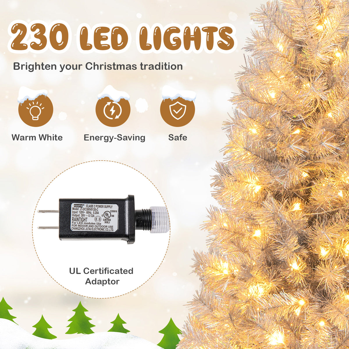 6 Ft Pre-Lit Artificial Christmas Tree with Silver Tinsel Leaves & LED Lights - Costway