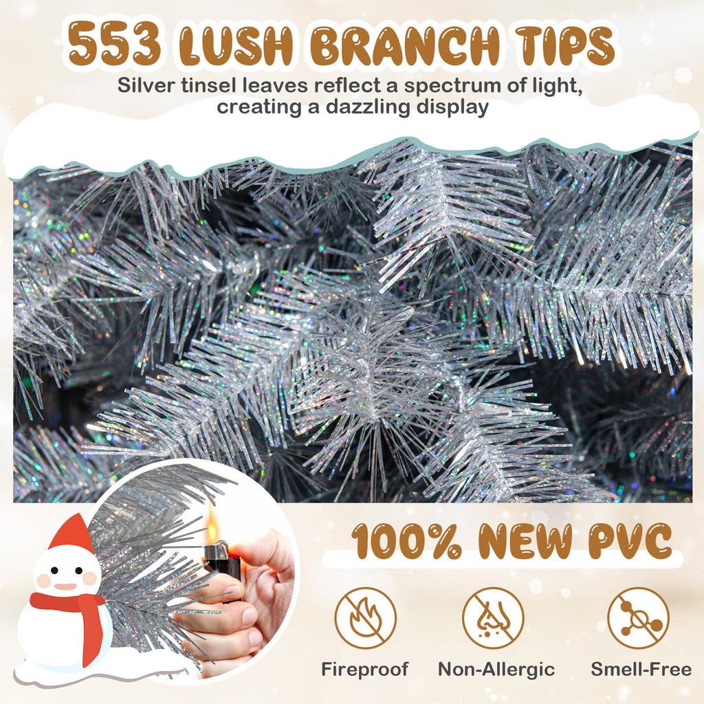 6 Ft Pre-Lit Artificial Christmas Tree with Silver Tinsel Leaves & LED Lights - Costway