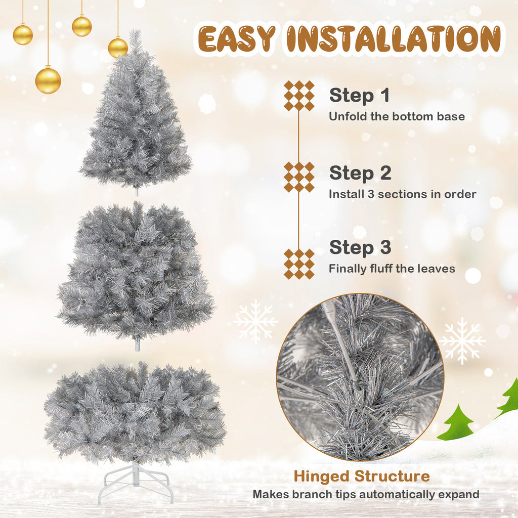 6 Ft Pre-Lit Artificial Christmas Tree with Silver Tinsel Leaves & LED Lights - Costway