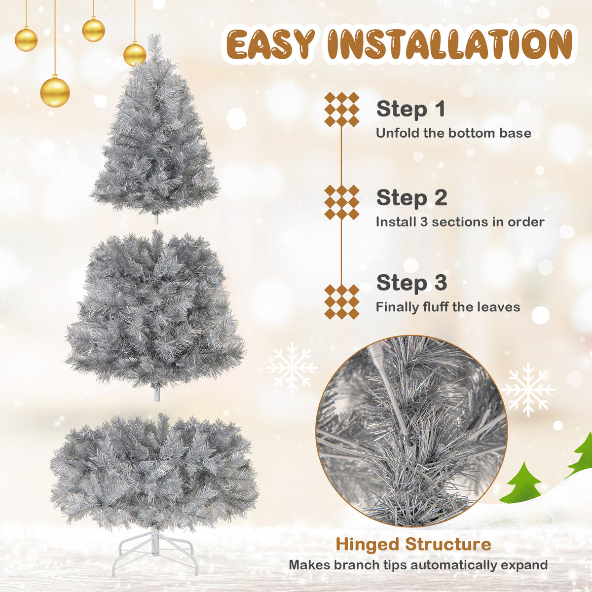 6 Ft Pre-Lit Artificial Christmas Tree with Silver Tinsel Leaves & LED Lights - Costway