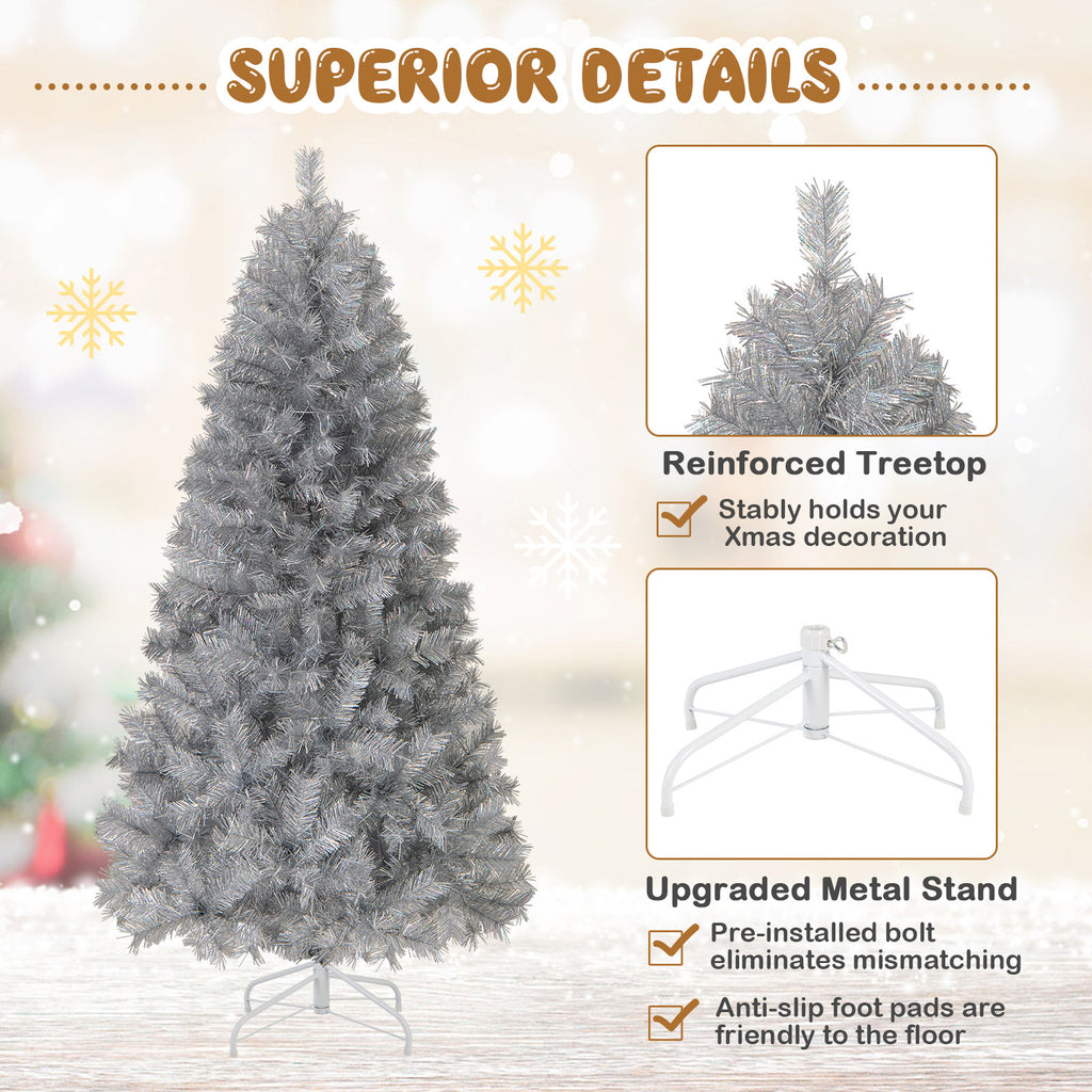 6 Ft Pre-Lit Artificial Christmas Tree with Silver Tinsel Leaves & LED Lights - Costway