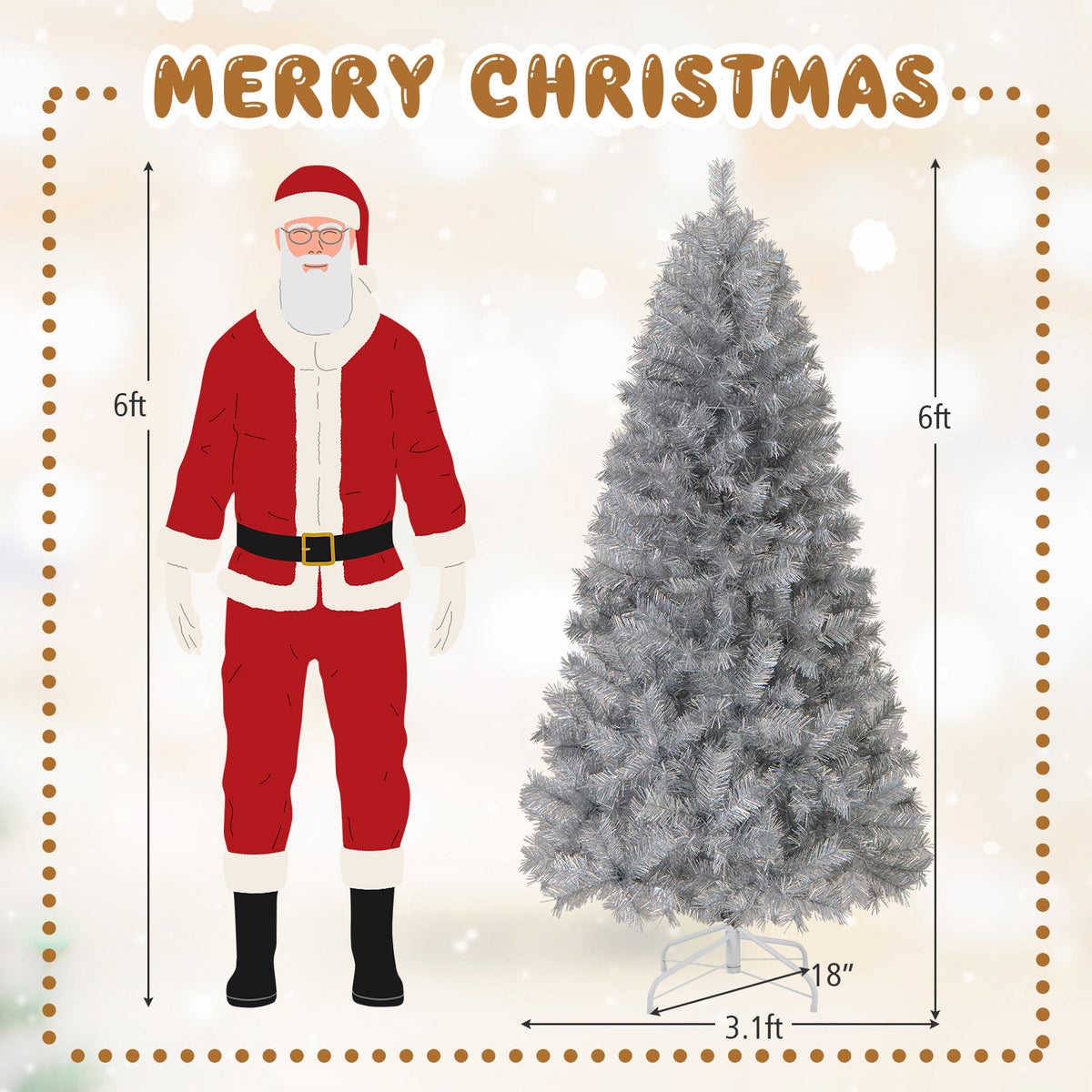 6 Ft Pre-Lit Artificial Christmas Tree with Silver Tinsel Leaves & LED Lights - Costway