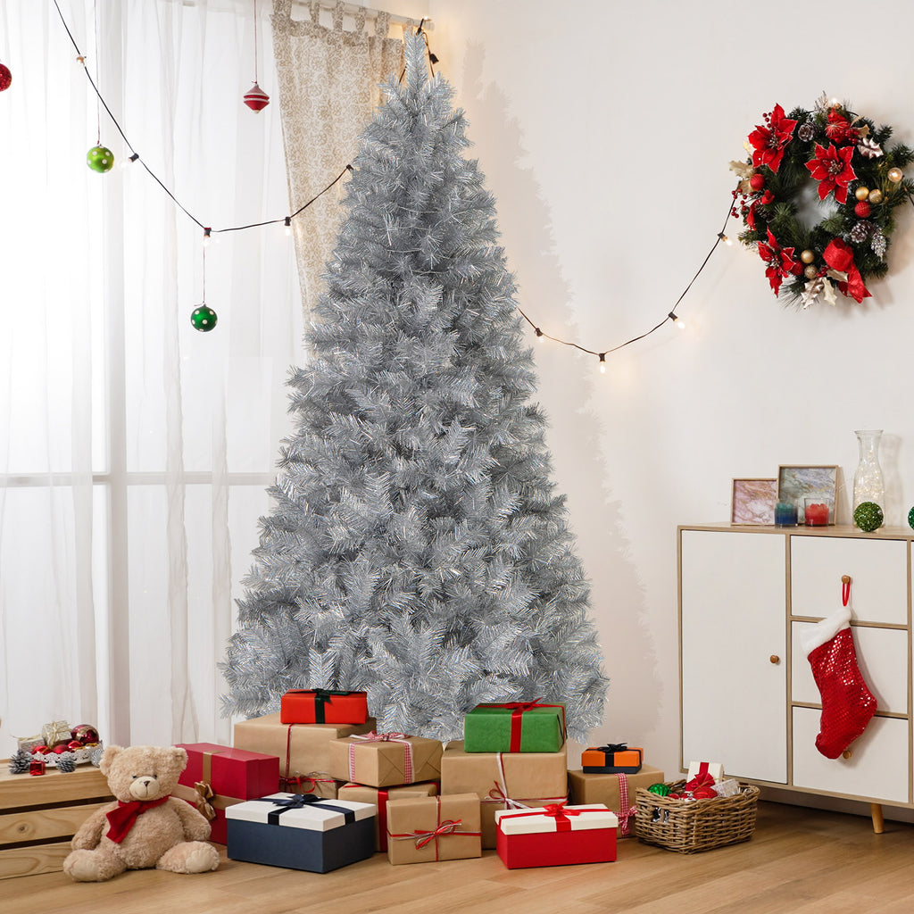 6 Ft Pre-Lit Artificial Christmas Tree with Silver Tinsel Leaves & LED Lights - Costway