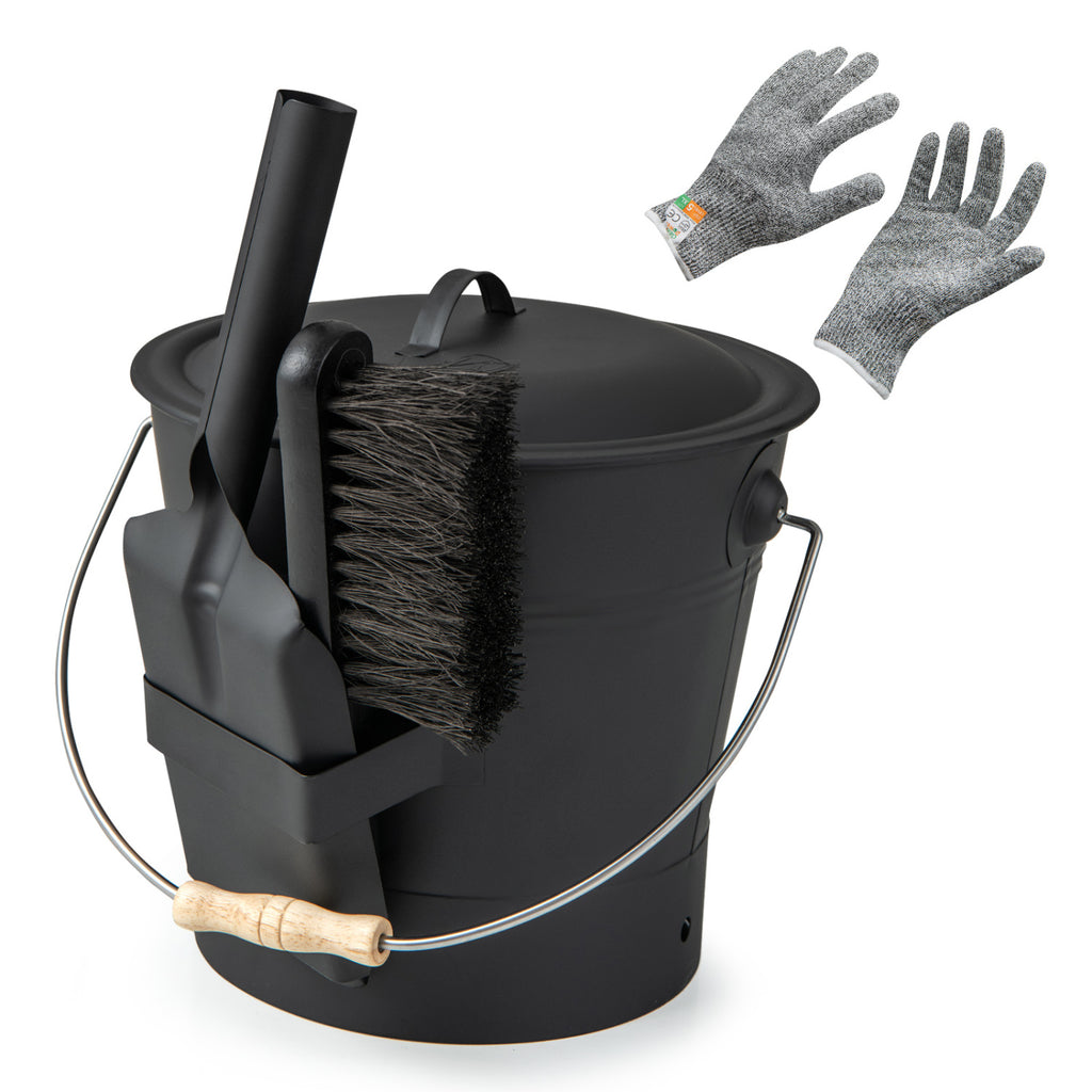 Ash Bucket with Lid and Cut-Resistant Gloves - Black