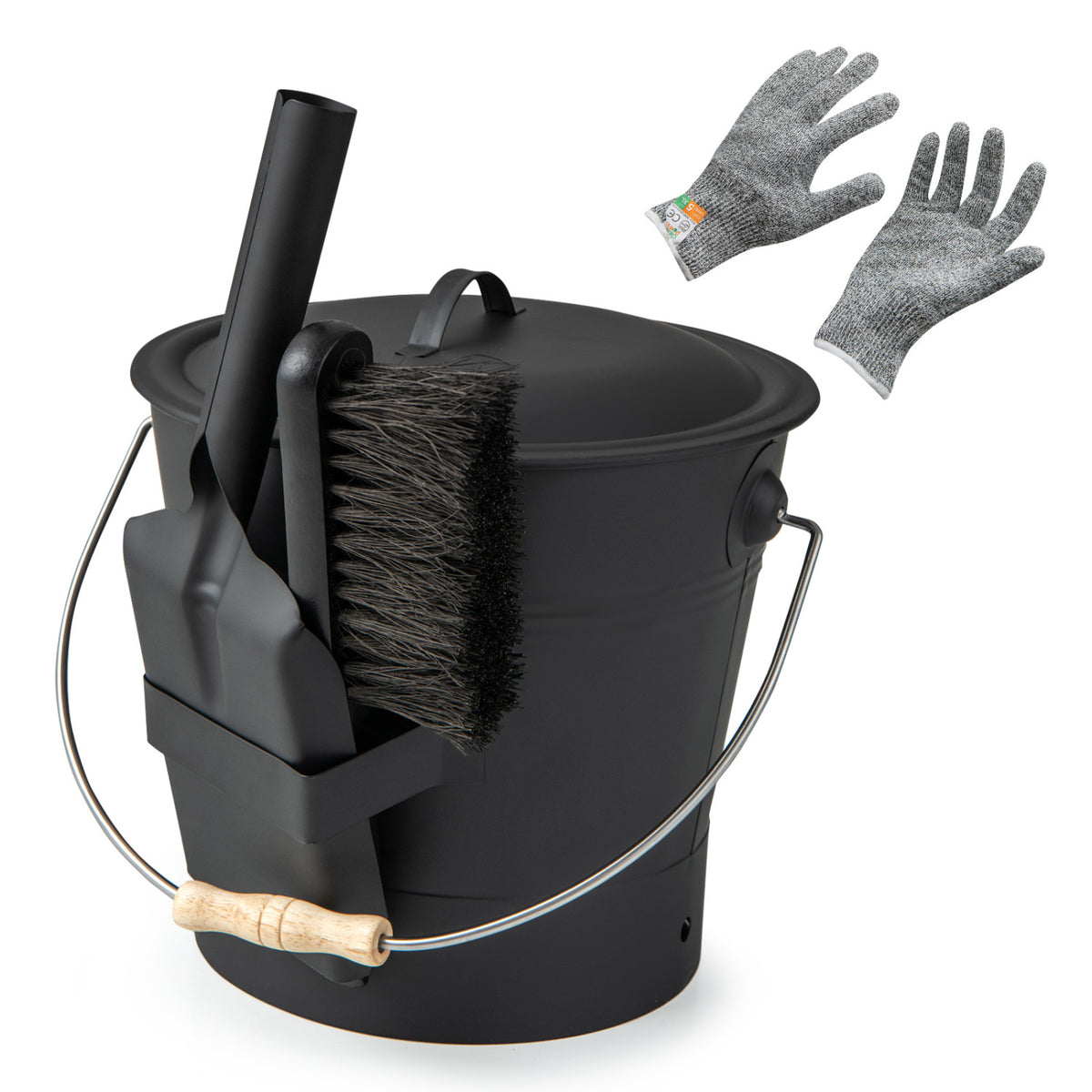 Ash Bucket with Lid and Cut-Resistant Gloves - Black
