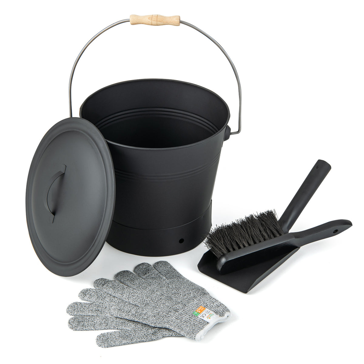 Ash Bucket with Lid and Cut-Resistant Gloves - Black