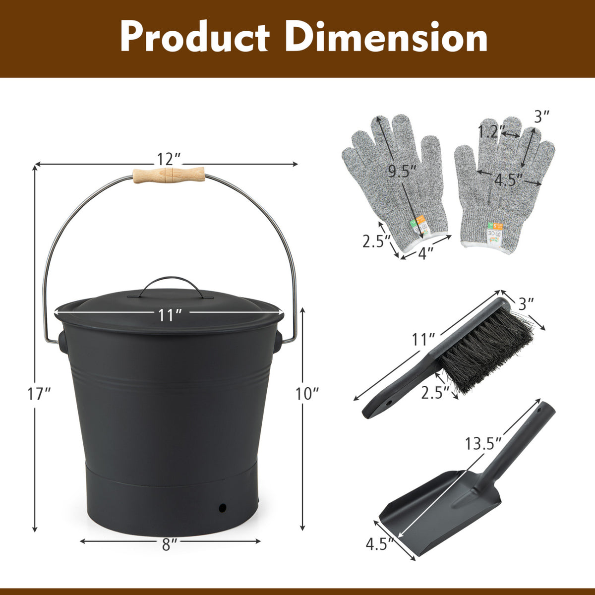 Ash Bucket with Lid and Cut-Resistant Gloves - Black