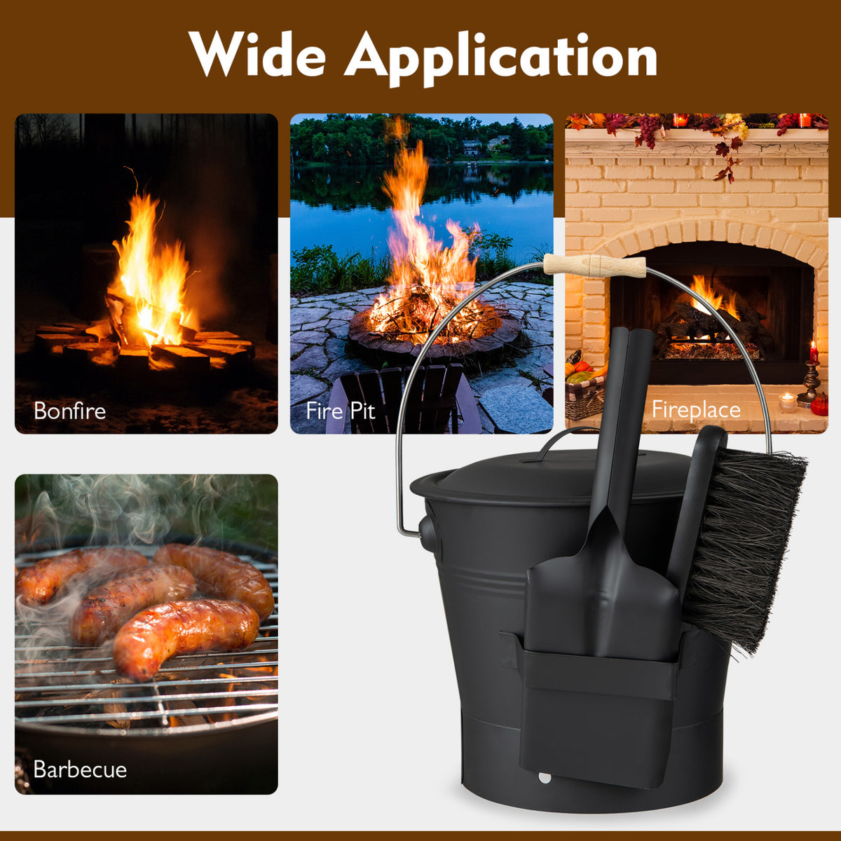 Ash Bucket with Lid and Cut-Resistant Gloves - Black