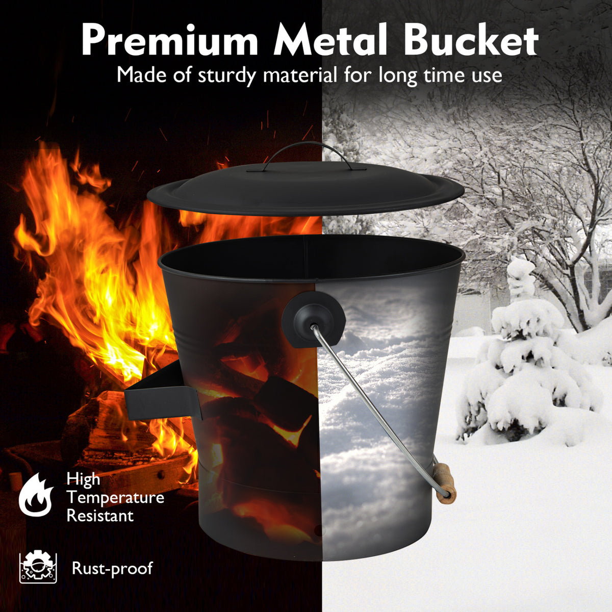 Ash Bucket with Lid and Cut-Resistant Gloves - Black