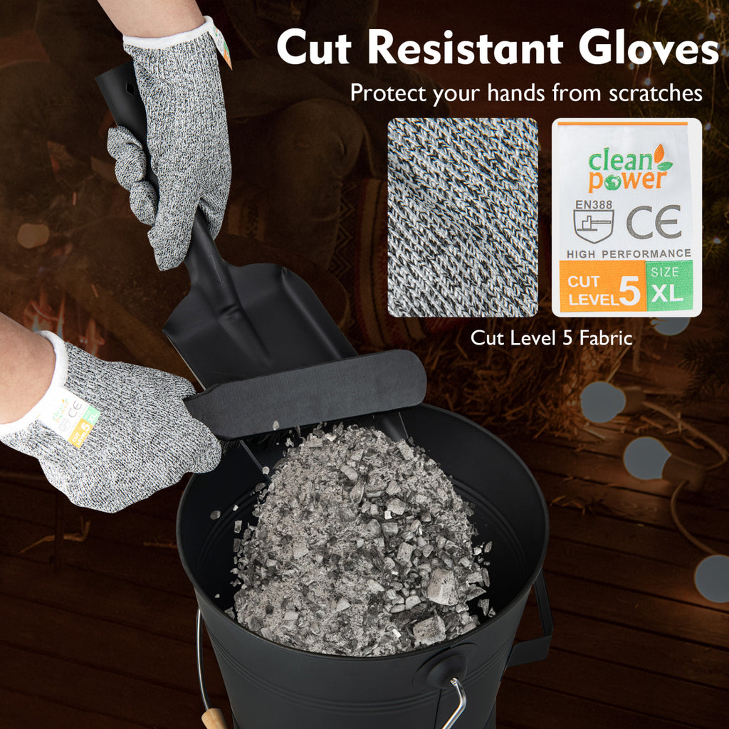 Ash Bucket with Lid and Cut-Resistant Gloves - Black