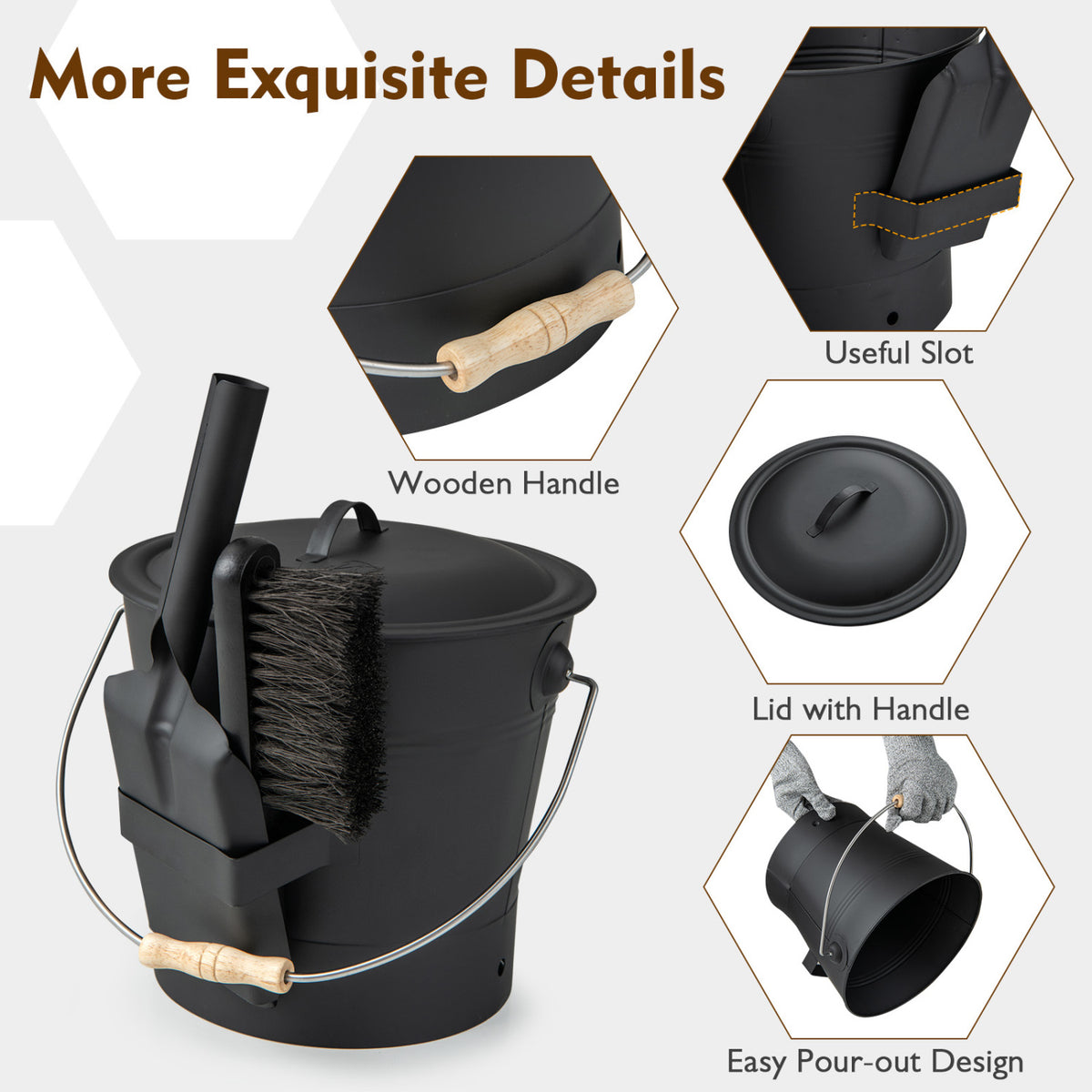 Ash Bucket with Lid and Cut-Resistant Gloves - Black