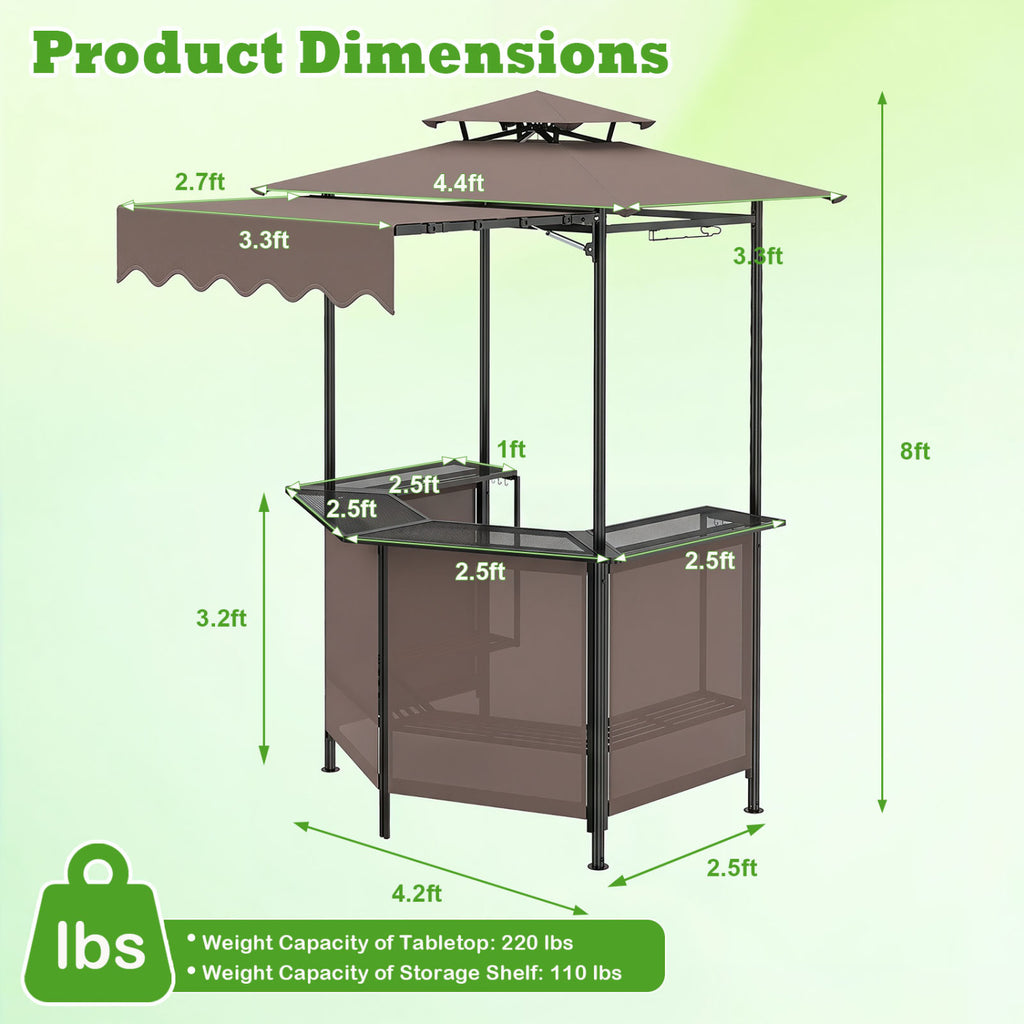 BBQ Gazebo Canopy with 4 Slatted Metal Shelves 6 Hanging Hooks and