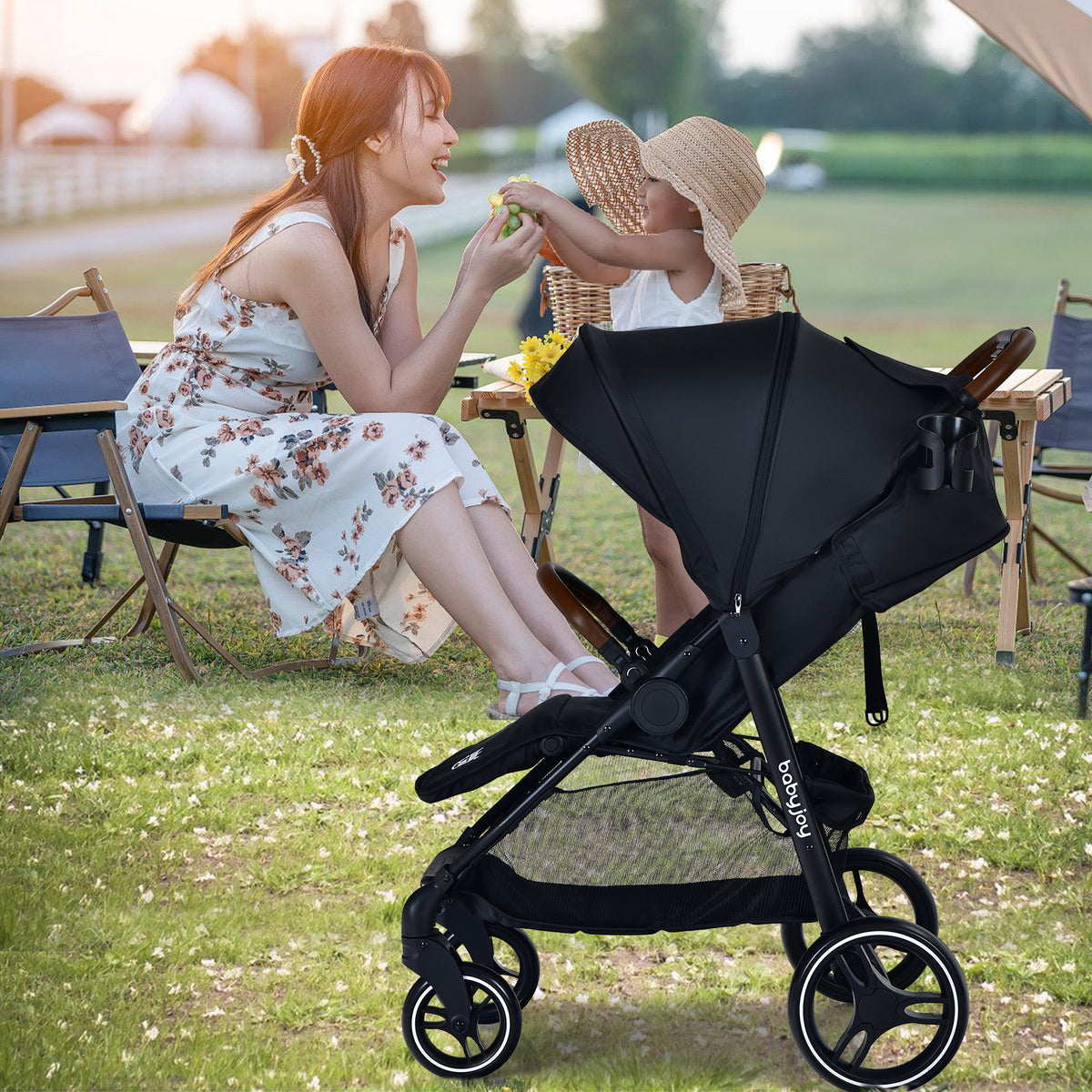 Black Landscape Baby Stroller with One-Hand Fold & Safety Features