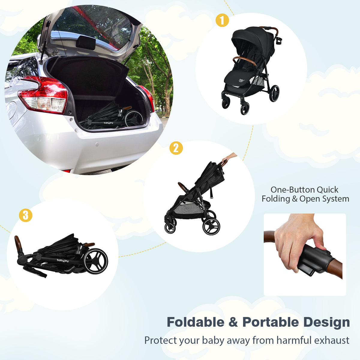 Black Landscape Baby Stroller with One-Hand Fold & Safety Features
