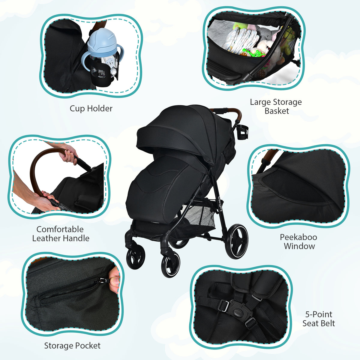 Black Landscape Baby Stroller with One-Hand Fold & Safety Features