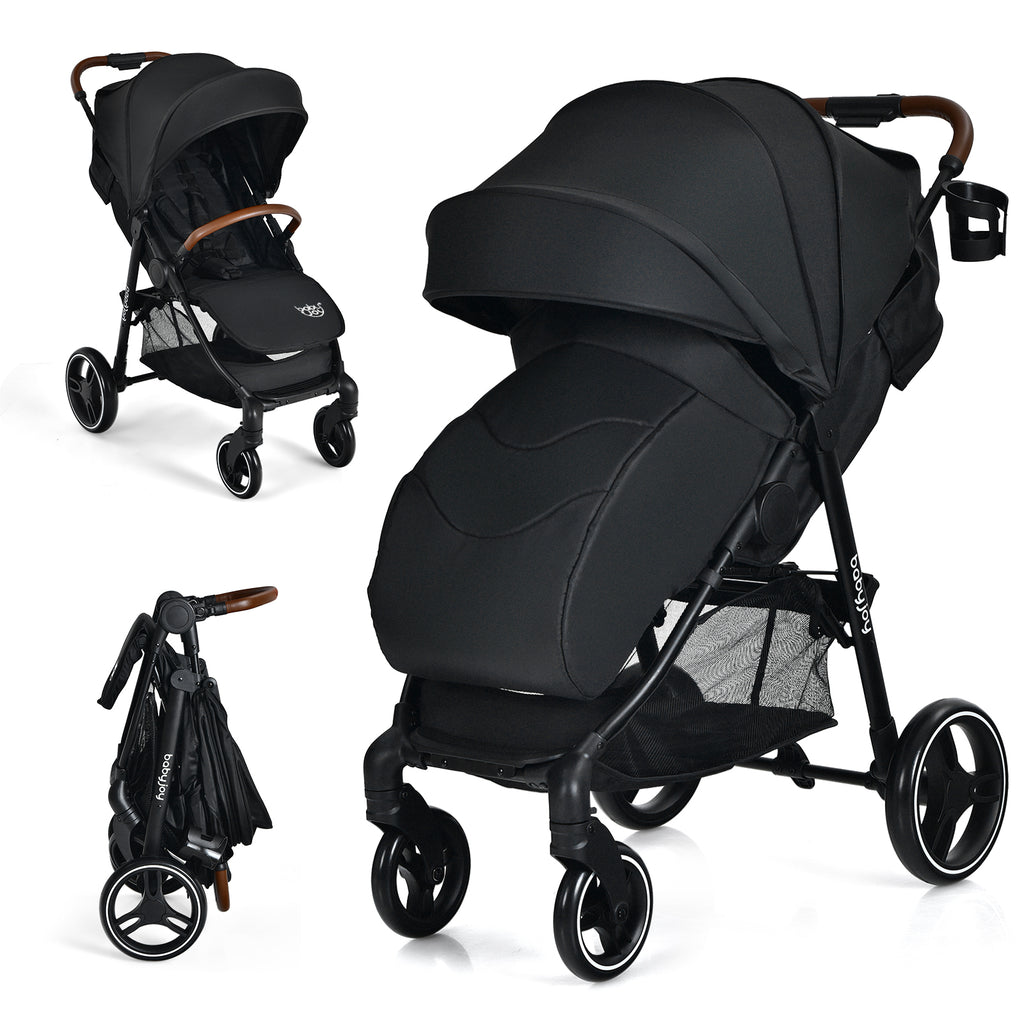Black Landscape Baby Stroller with One-Hand Fold & Safety Features