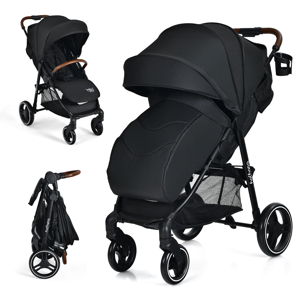Black Landscape Baby Stroller with One-Hand Fold & Safety Features