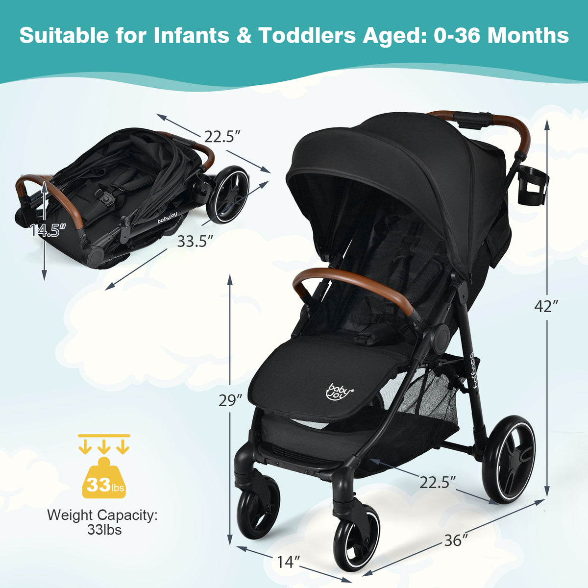 Black Landscape Baby Stroller with One-Hand Fold & Safety Features