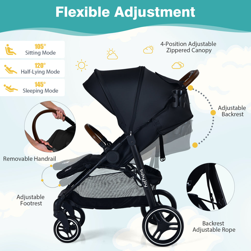 Black Landscape Baby Stroller with One-Hand Fold & Safety Features