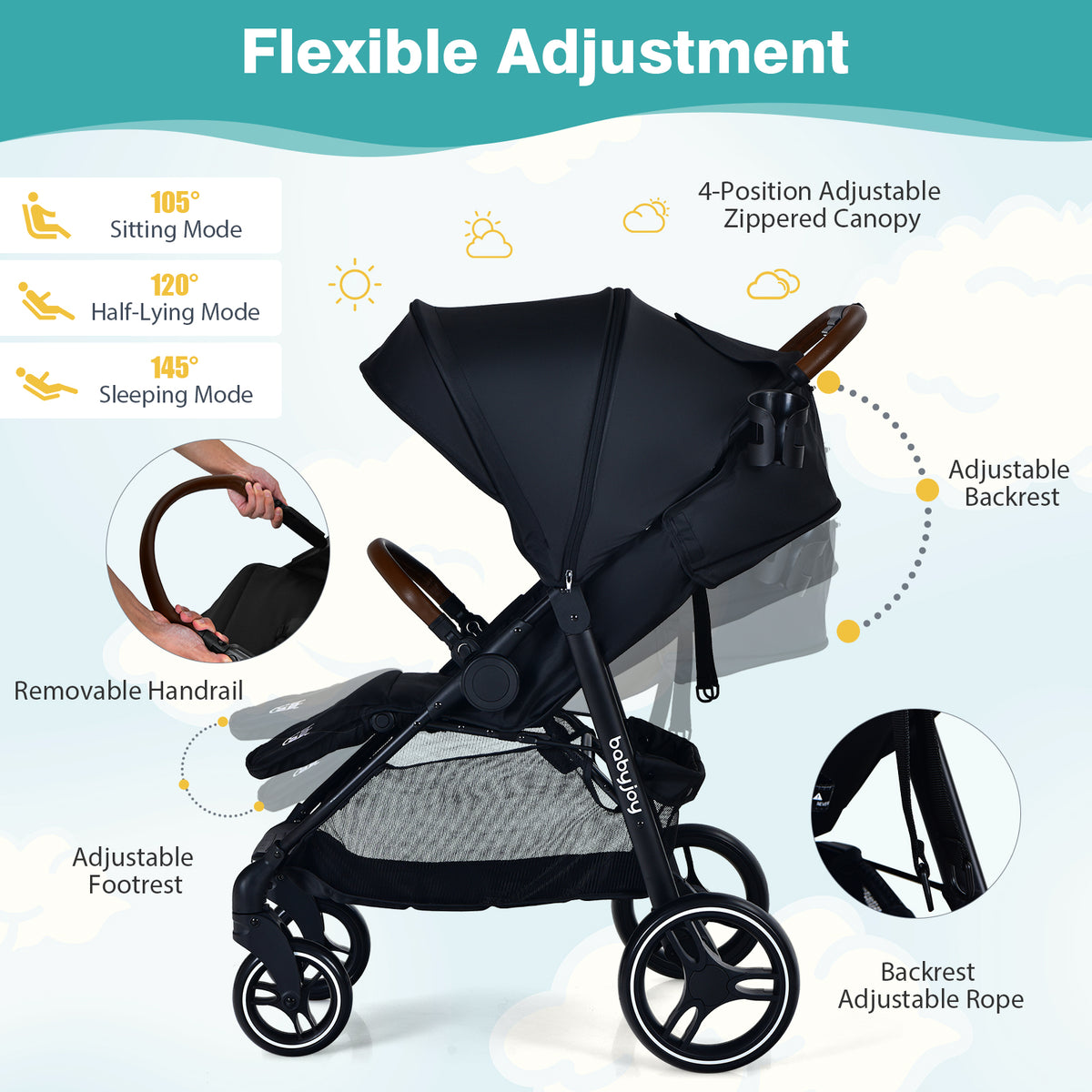 Black Landscape Baby Stroller with One-Hand Fold & Safety Features