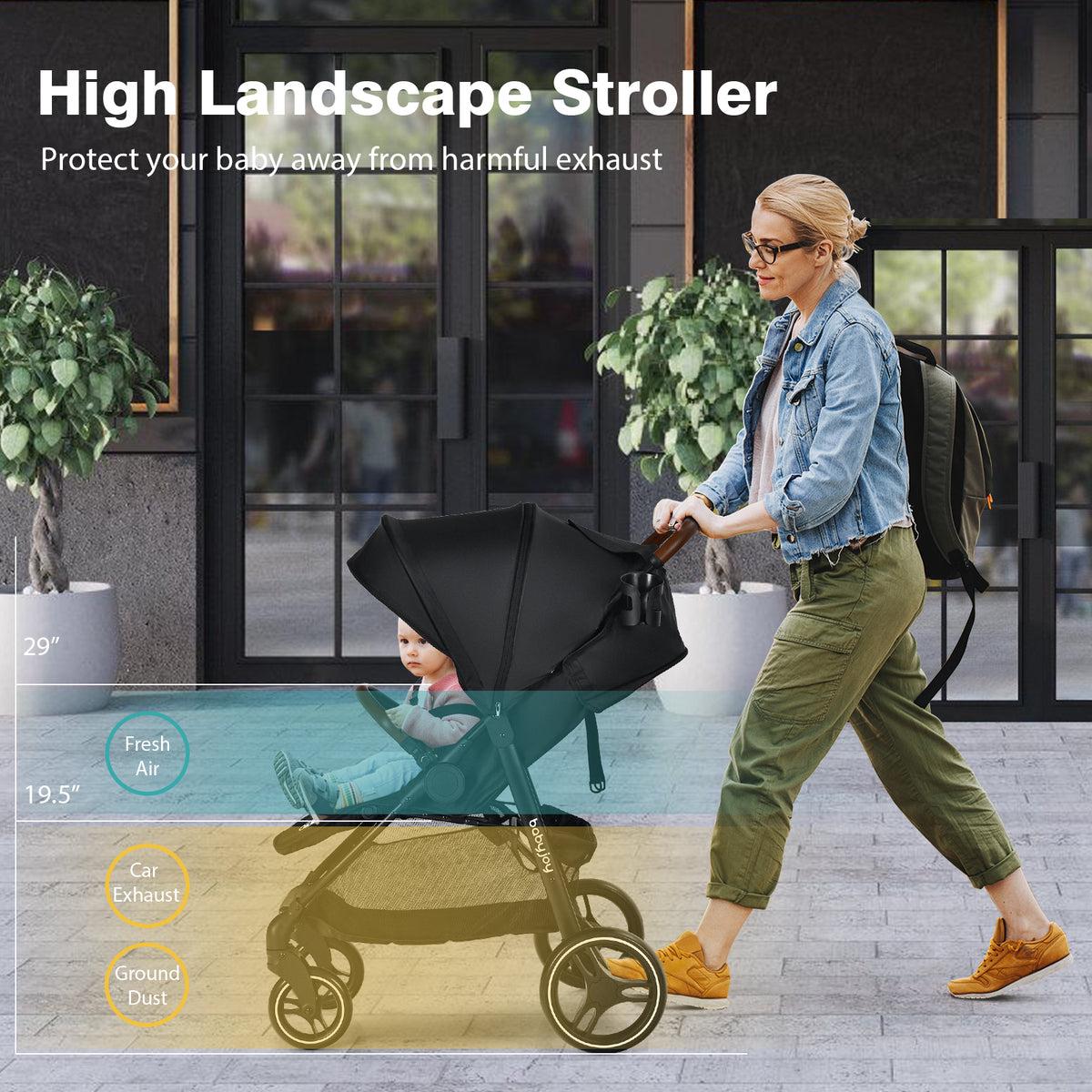 Black Landscape Baby Stroller with One-Hand Fold & Safety Features