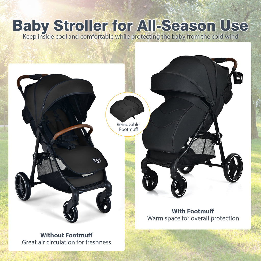 Black Landscape Baby Stroller with One-Hand Fold & Safety Features