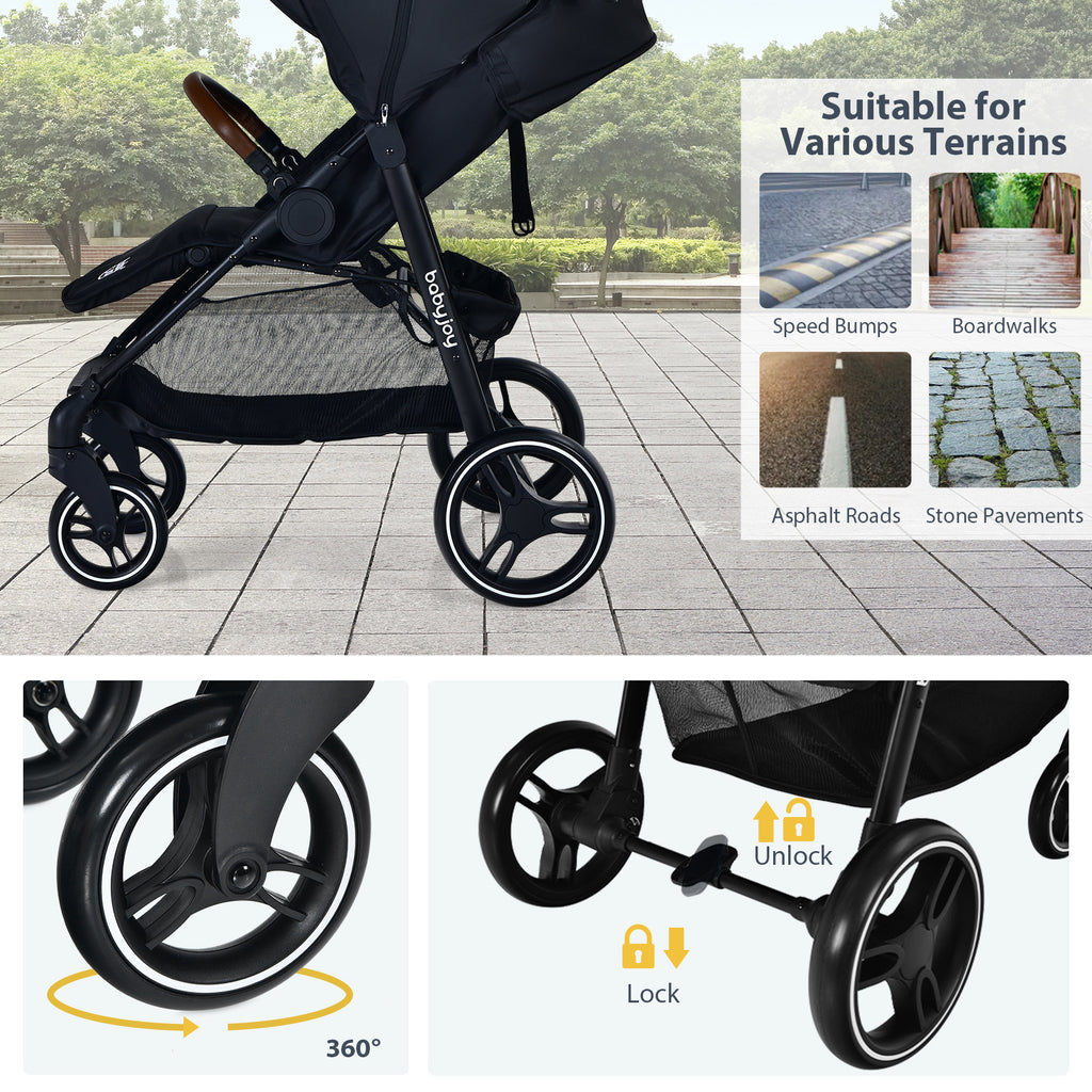 Black Landscape Baby Stroller with One-Hand Fold & Safety Features