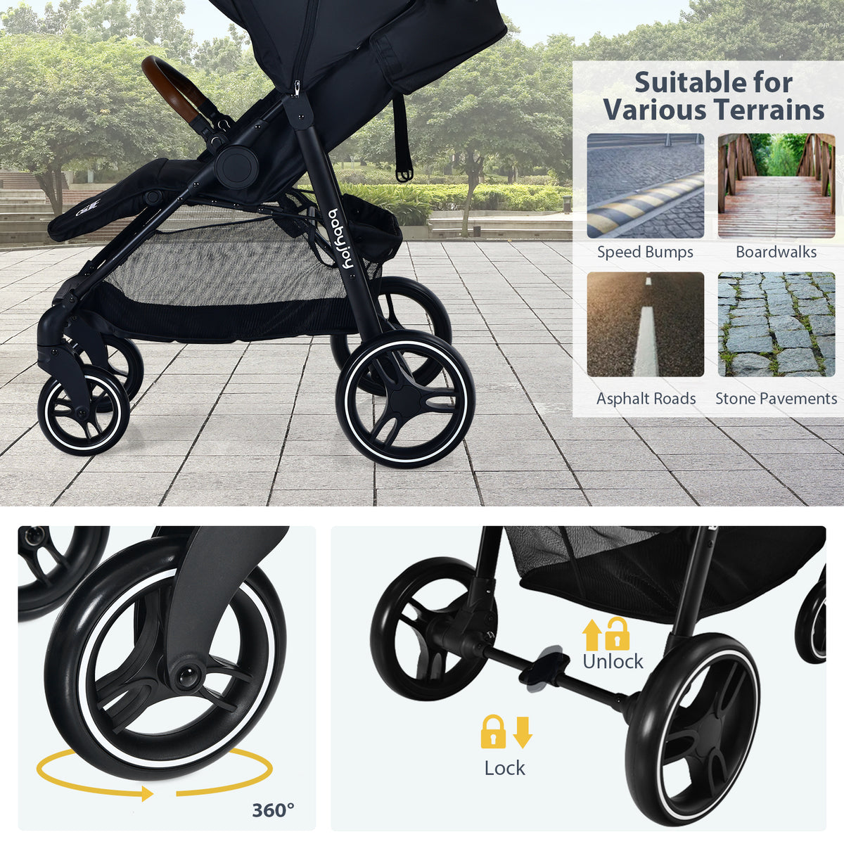 Black Landscape Baby Stroller with One-Hand Fold & Safety Features