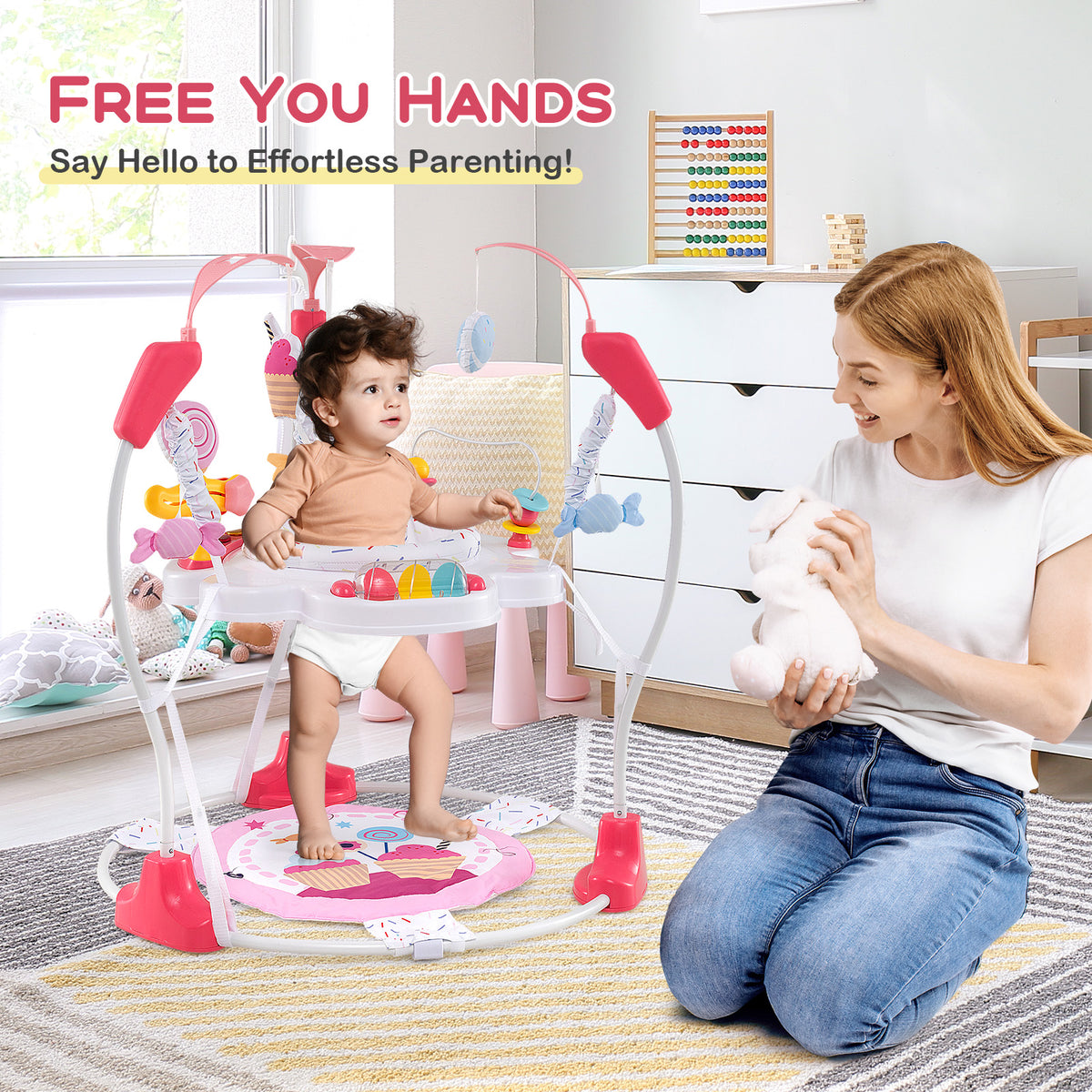 Height Adjustable Baby Bouncing Saucer with Interactive Toys - Pink Variation