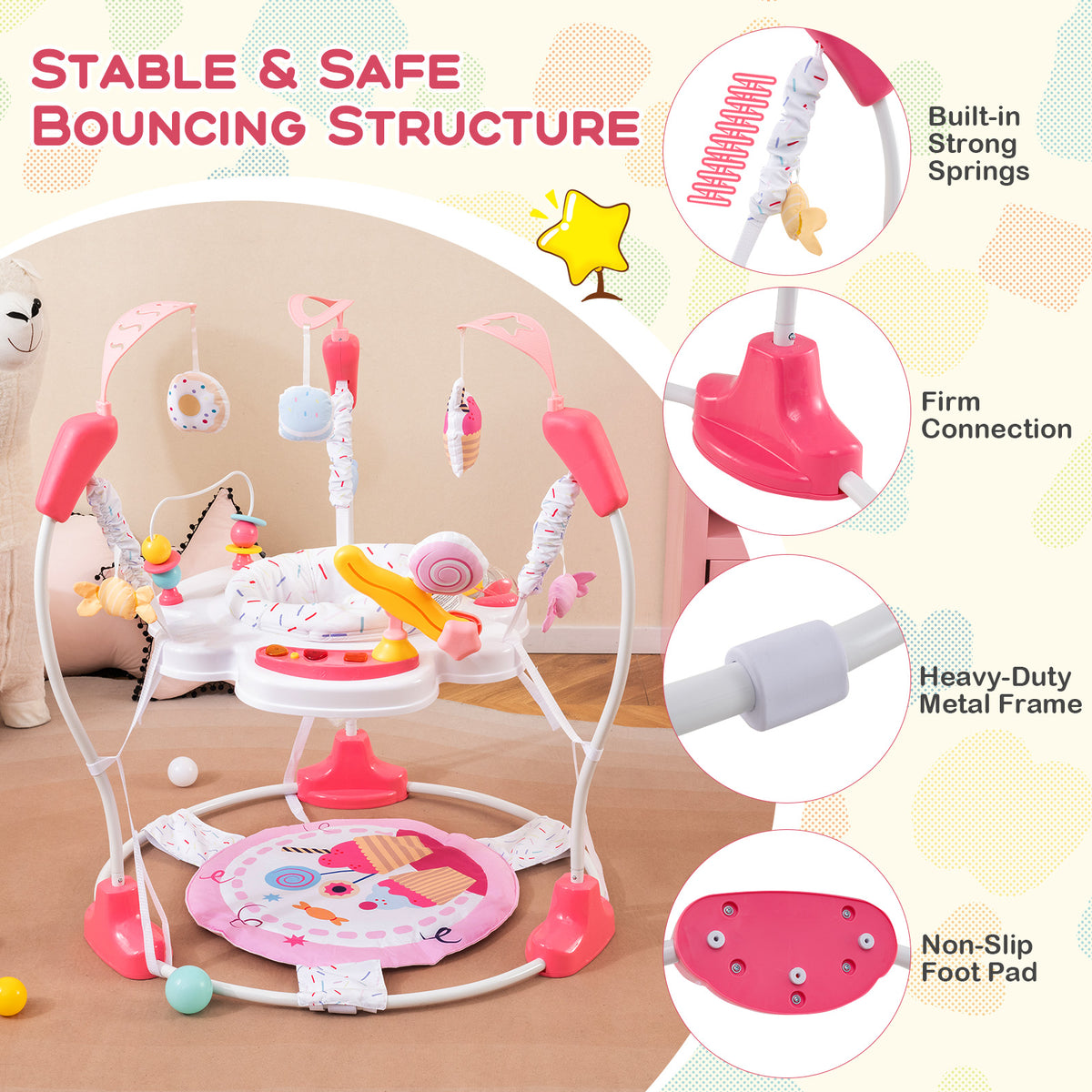 Height Adjustable Baby Bouncing Saucer with Interactive Toys - Pink Variation