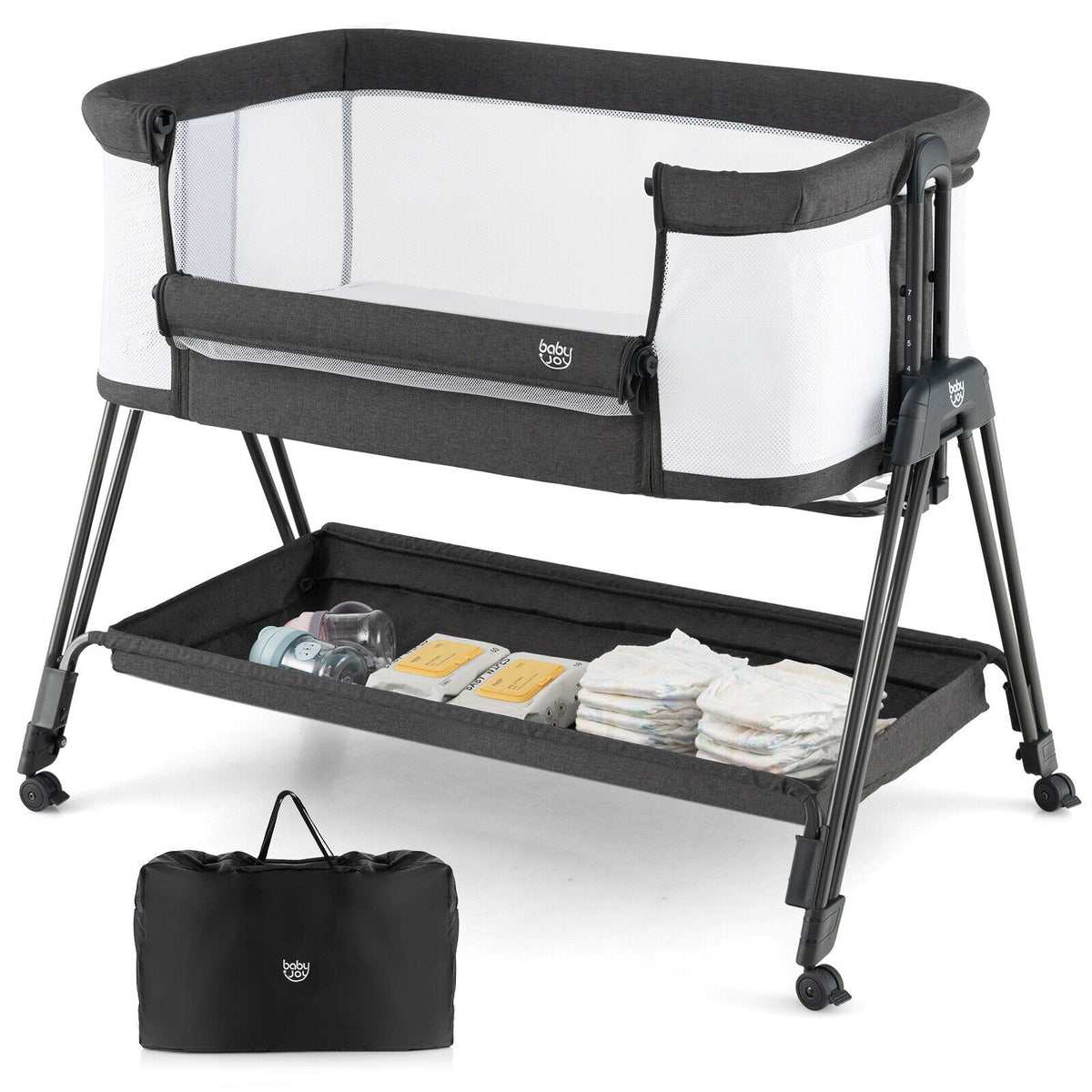 Portable Baby Bedside Sleeper with 7 Adjustable Heights - Style A Black
