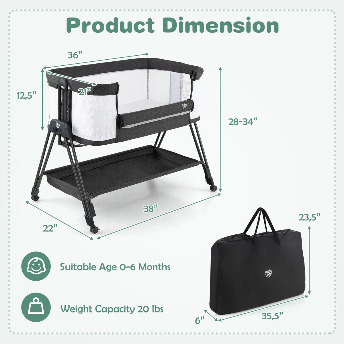 Portable Baby Bedside Sleeper with 7 Adjustable Heights - Style A Black