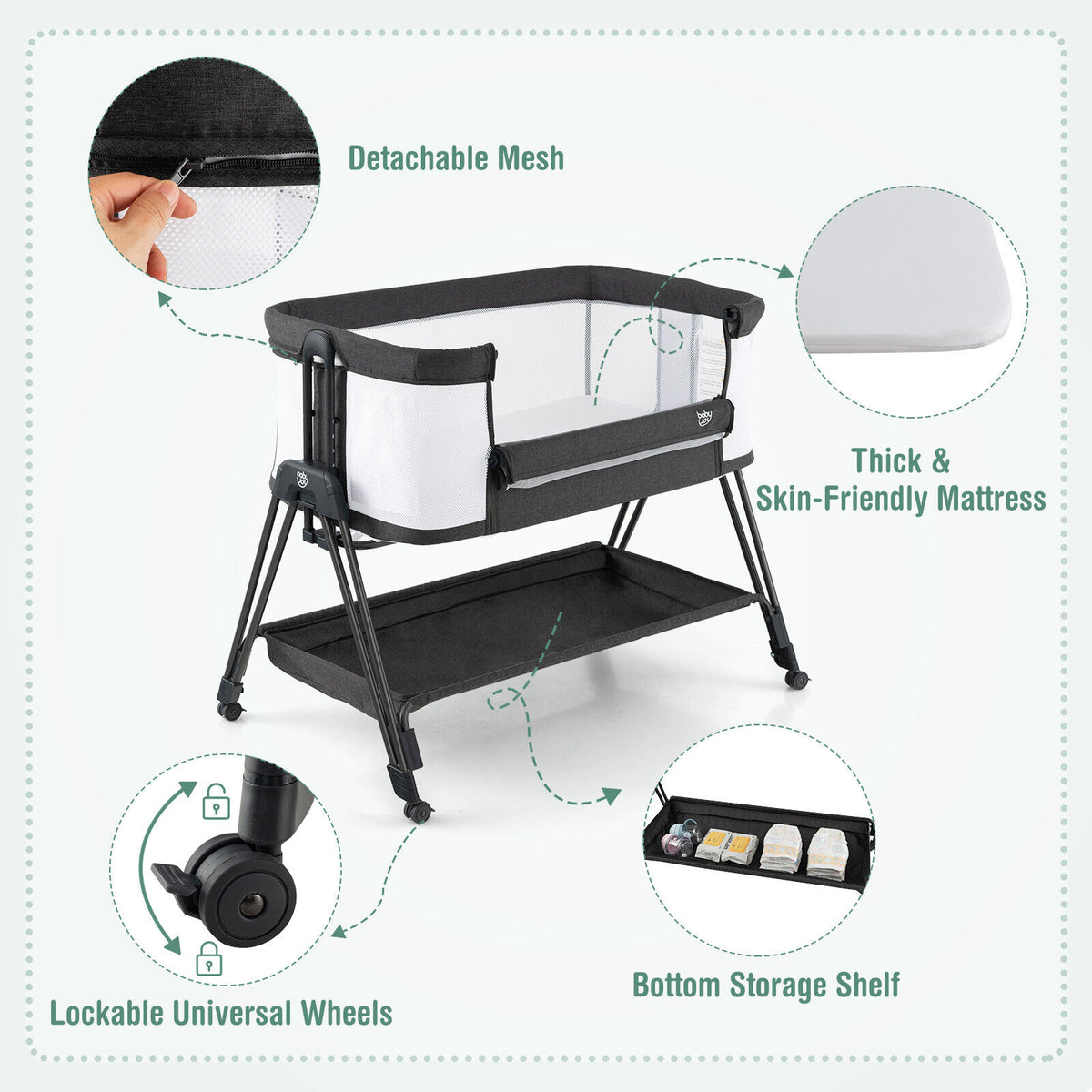 Portable Baby Bedside Sleeper with 7 Adjustable Heights - Style A Black
