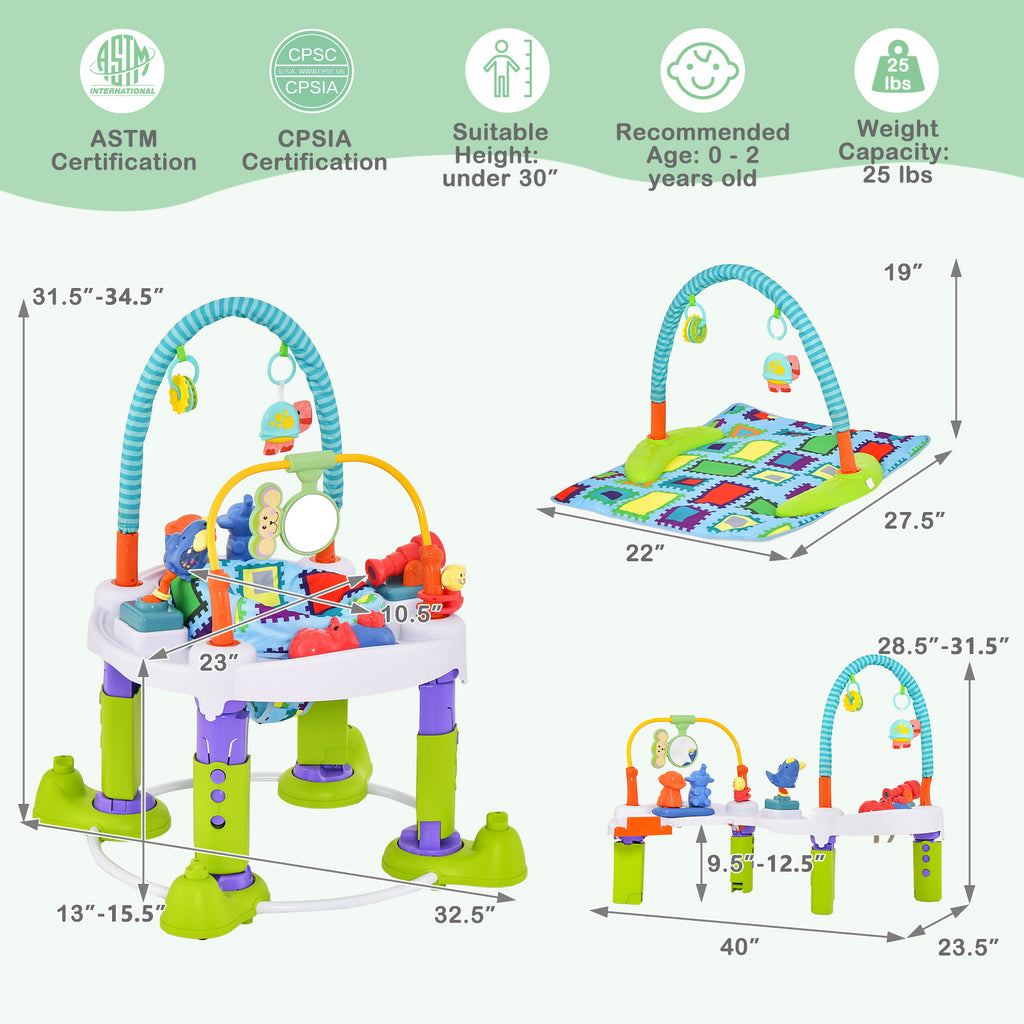 4-in-1 Baby Bouncer Activity Center - Green, Adjustable Heights & 360° Seat