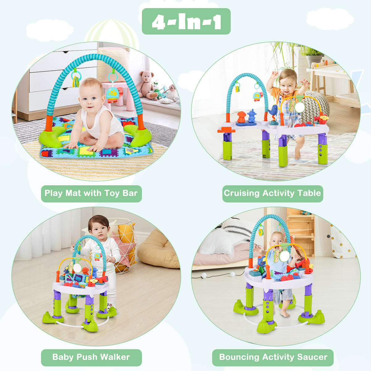 4-in-1 Baby Bouncer Activity Center - Green, Adjustable Heights & 360° Seat