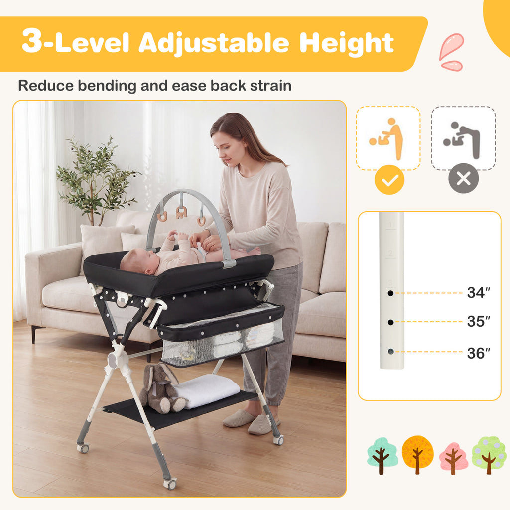 Baby Changing Table Foldable Diaper Station with Storage Bag & Shelf - Black