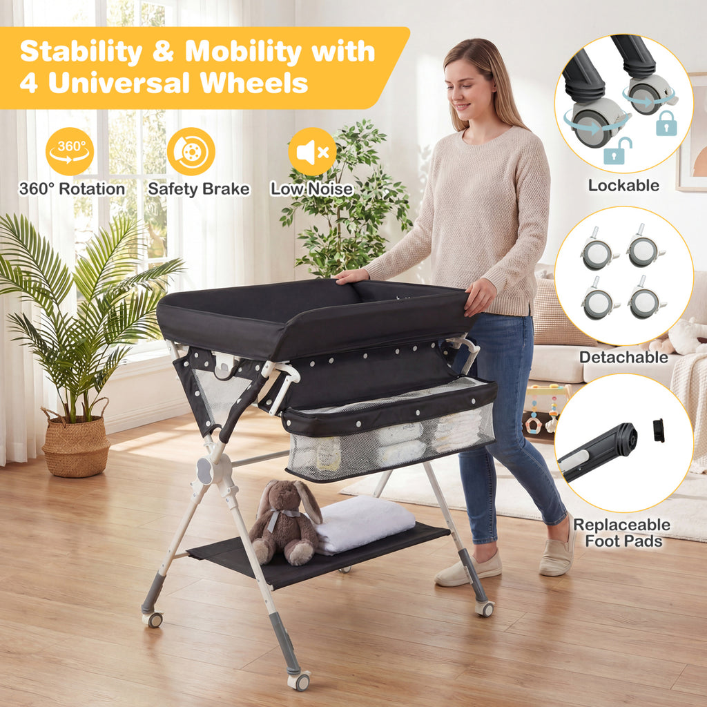 Baby Changing Table Foldable Diaper Station with Storage Bag & Shelf - Black