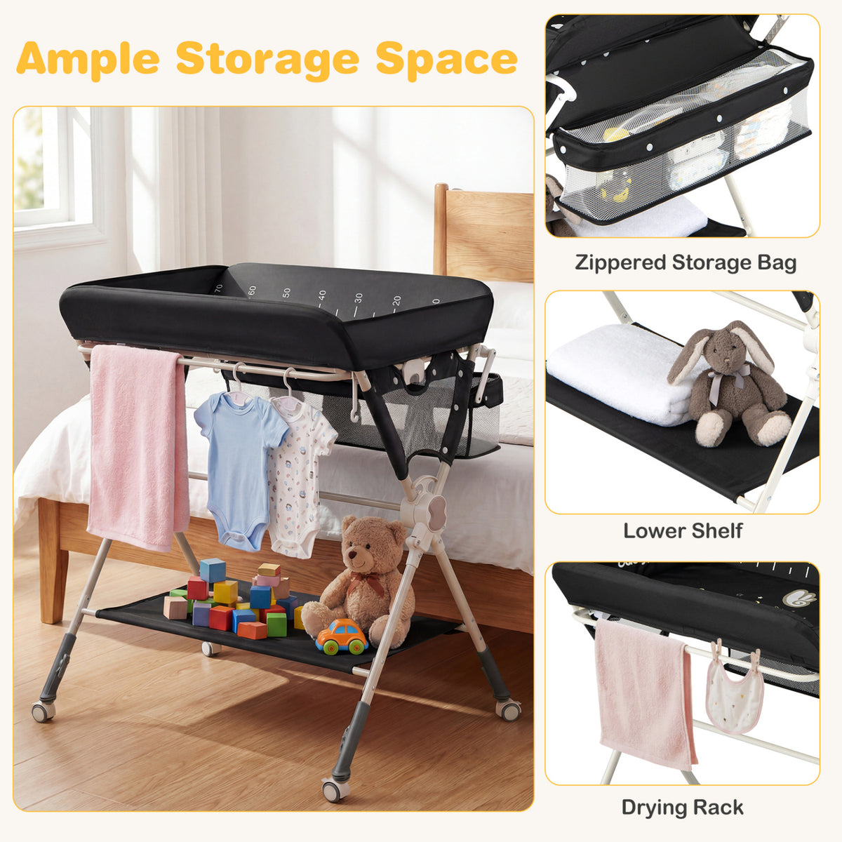 Baby Changing Table Foldable Diaper Station with Storage Bag & Shelf - Black