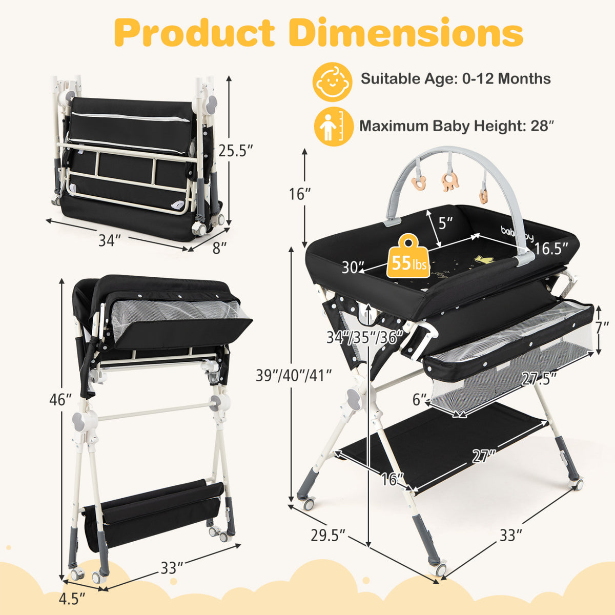 Baby Changing Table Foldable Diaper Station with Storage Bag & Shelf - Black
