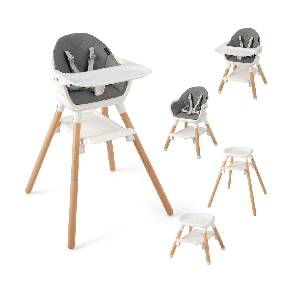 6-in-1 Convertible Baby High Chair with Safety Harness & Removable Tray - White