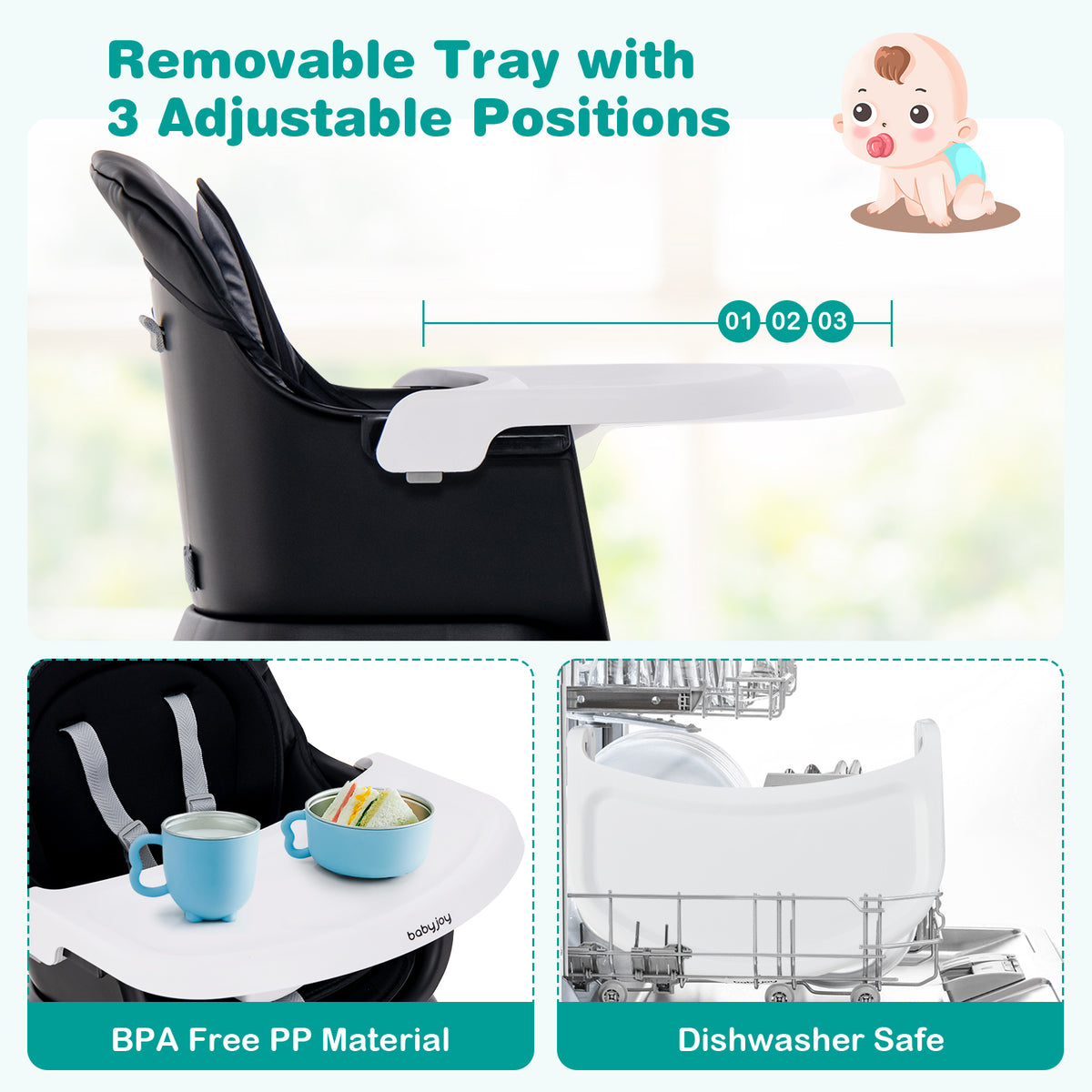 8-in-1 Convertible Baby High Chair with Removable Tray - Black