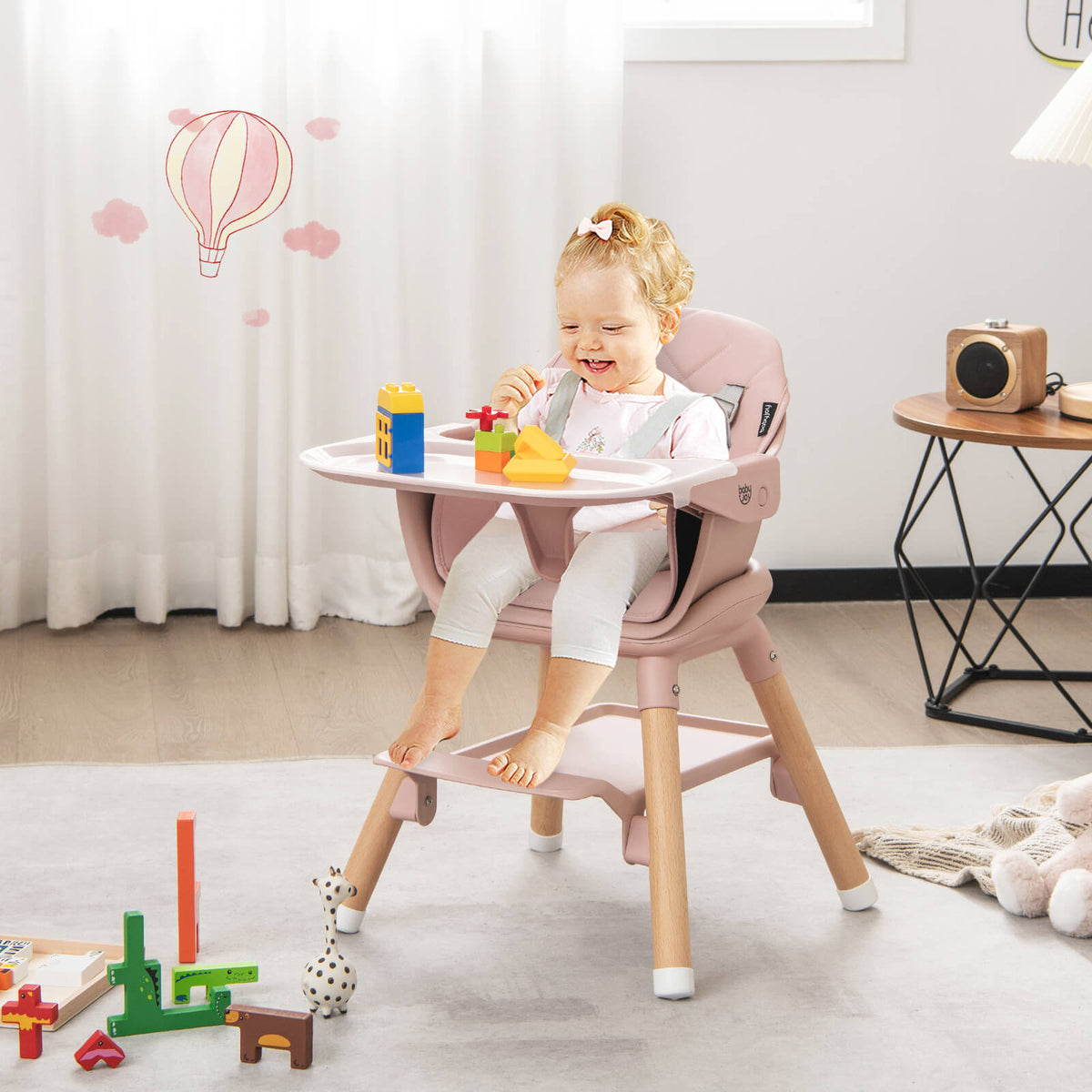 6-in-1 Convertible Baby Highchair with Safety Harness & Removable Tray - Pink