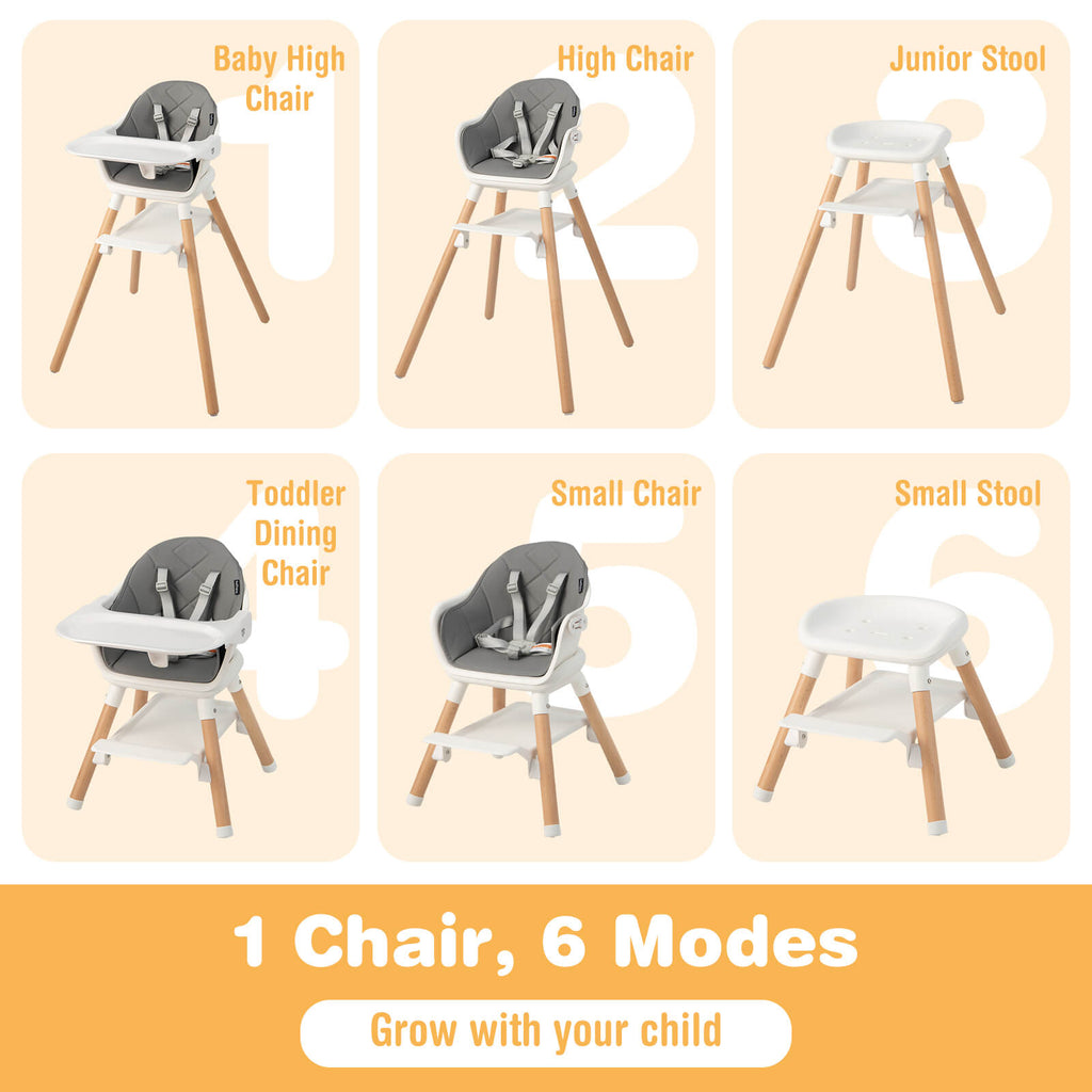 6-in-1 Convertible Baby High Chair with Safety Harness & Removable Tray - White