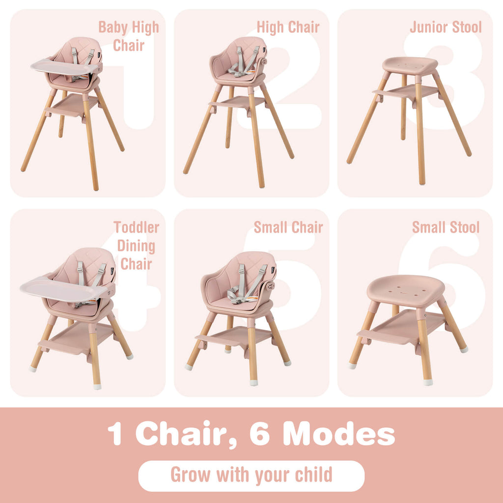 6-in-1 Convertible Baby Highchair with Safety Harness & Removable Tray - Pink