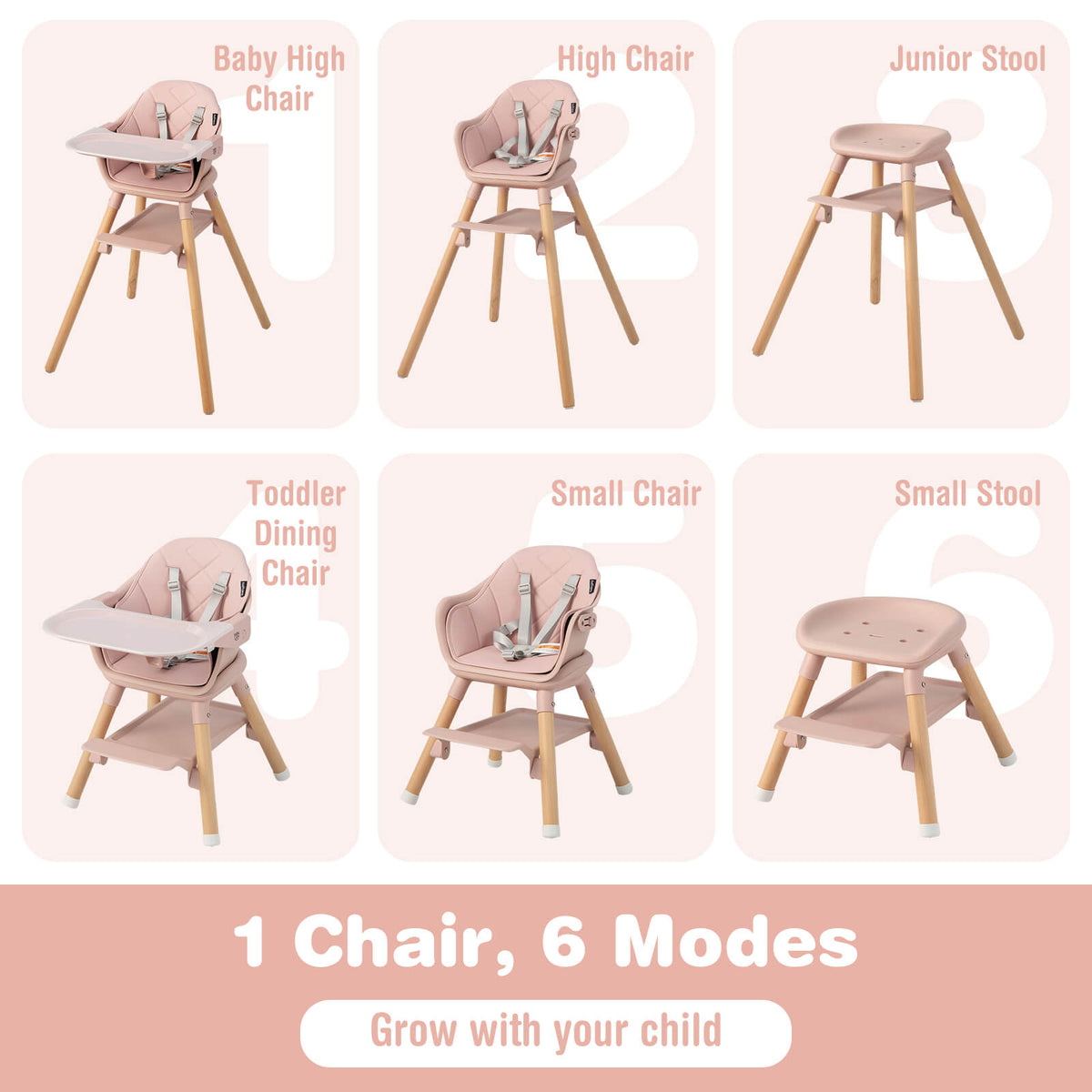 6-in-1 Convertible Baby Highchair with Safety Harness & Removable Tray - Pink