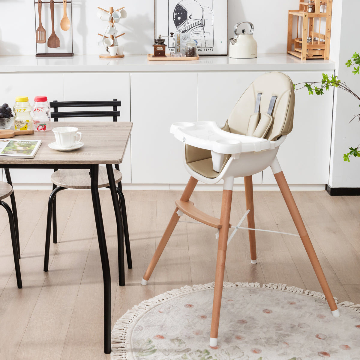 Beige Baby High Chair with Dishwasher Safe Tray - Adjustable & Secure